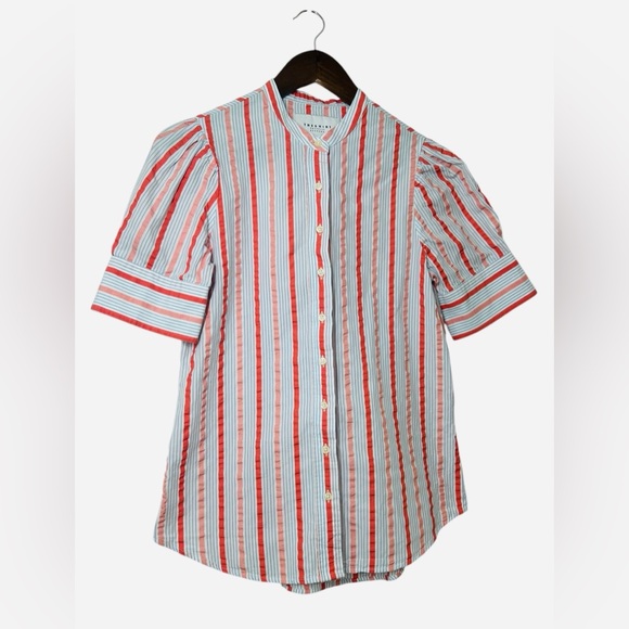 The Shirt by Rochelle Behrens Coral Blue Striped Button-Up Blouse Top Size Small - Picture 2 of 12